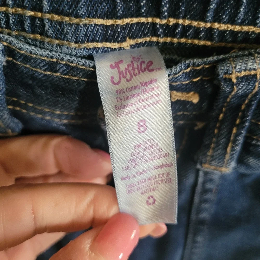 Justice Girls Dark Wash Cargo Jeans Size 8 Straight Leg Elastic Back Waist Y2K